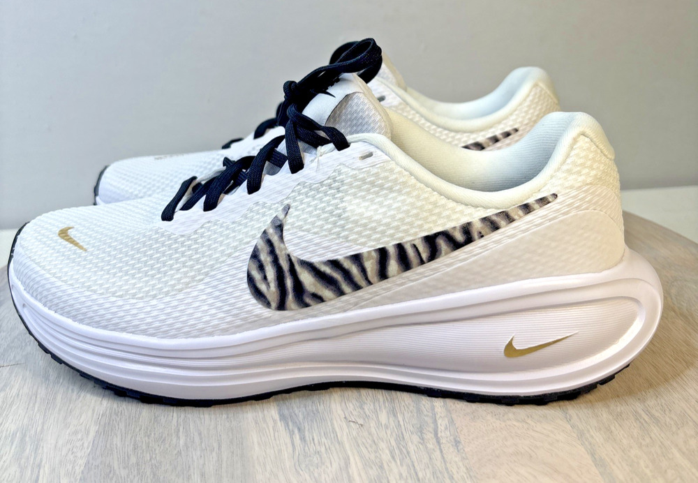 Nike Revolution 8 Women Shoes Size 8 White Metallic Gold Zebra Animal Swoosh